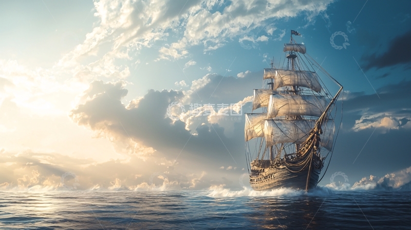 高清大图下载【趣麦麦图】航海时代帆船日出