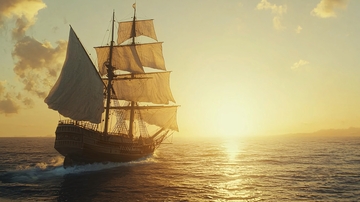 夕阳下航行的古老帆船