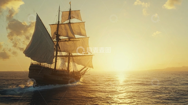 高清大图下载【趣麦麦图】夕阳下航行的古老帆船