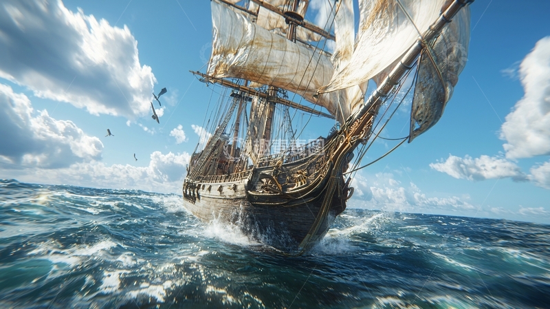 高清大图下载【趣麦麦图】航海时代帆船在大海中航行