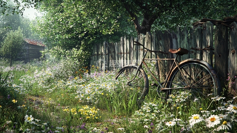 高清大图下载【趣麦麦图】雨后乡村老式自行车