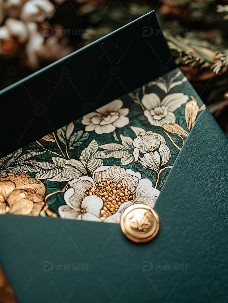 高清大图下载【趣麦麦图】深绿色烫金花卉请柬