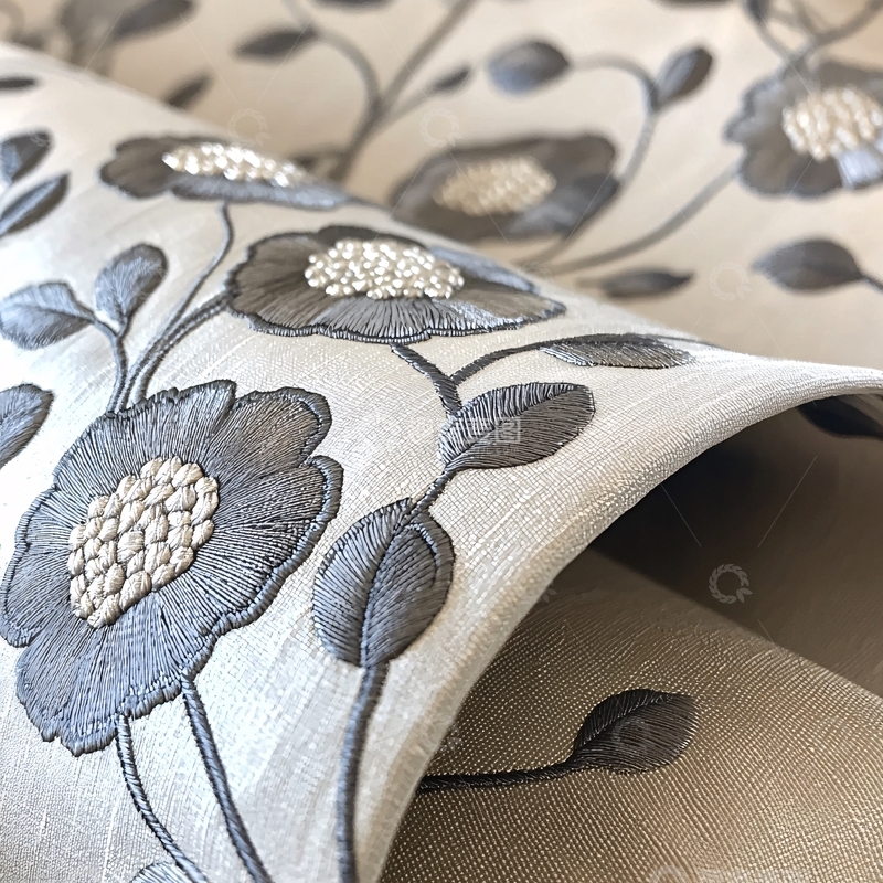 高清大图下载【趣麦麦图】灰白底色暗灰花卉刺绣面料