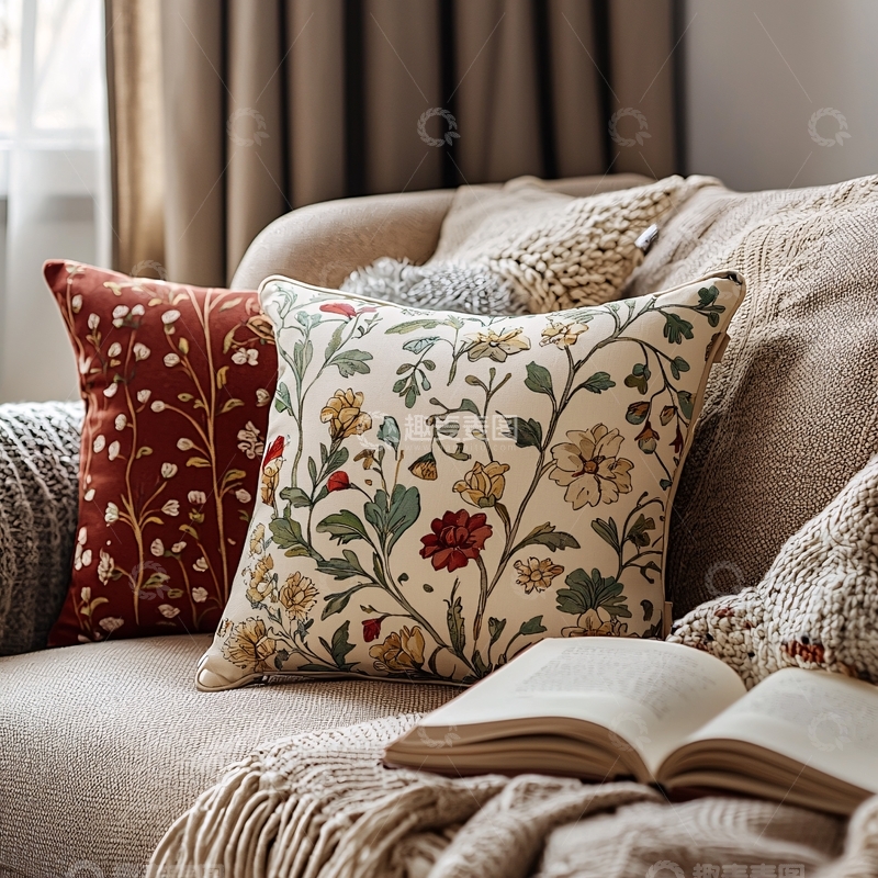高清大图下载【趣麦麦图】室内沙发上的花卉图案抱枕