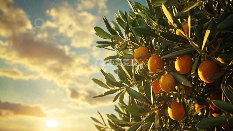 高清大图下载【趣麦麦图】夕阳下成熟的柑橘树