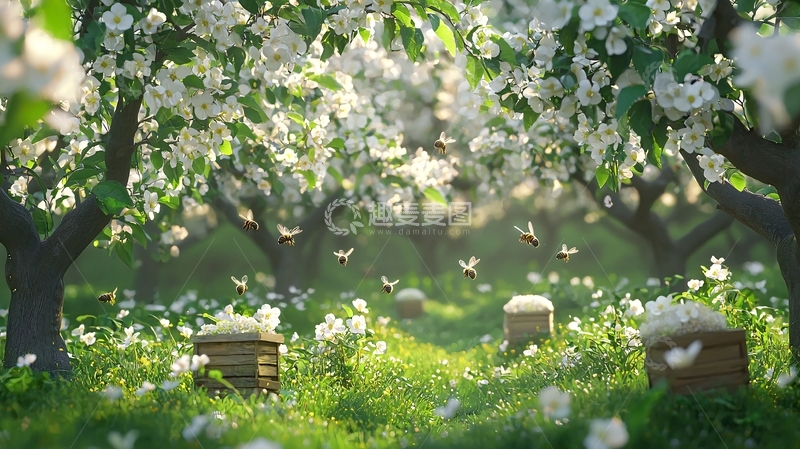 高清大图下载【趣麦麦图】春光明媚的果园蜂巢