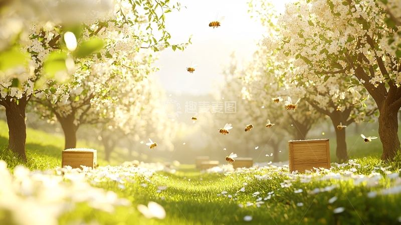 高清大图下载【趣麦麦图】阳光下的蜜蜂与果树