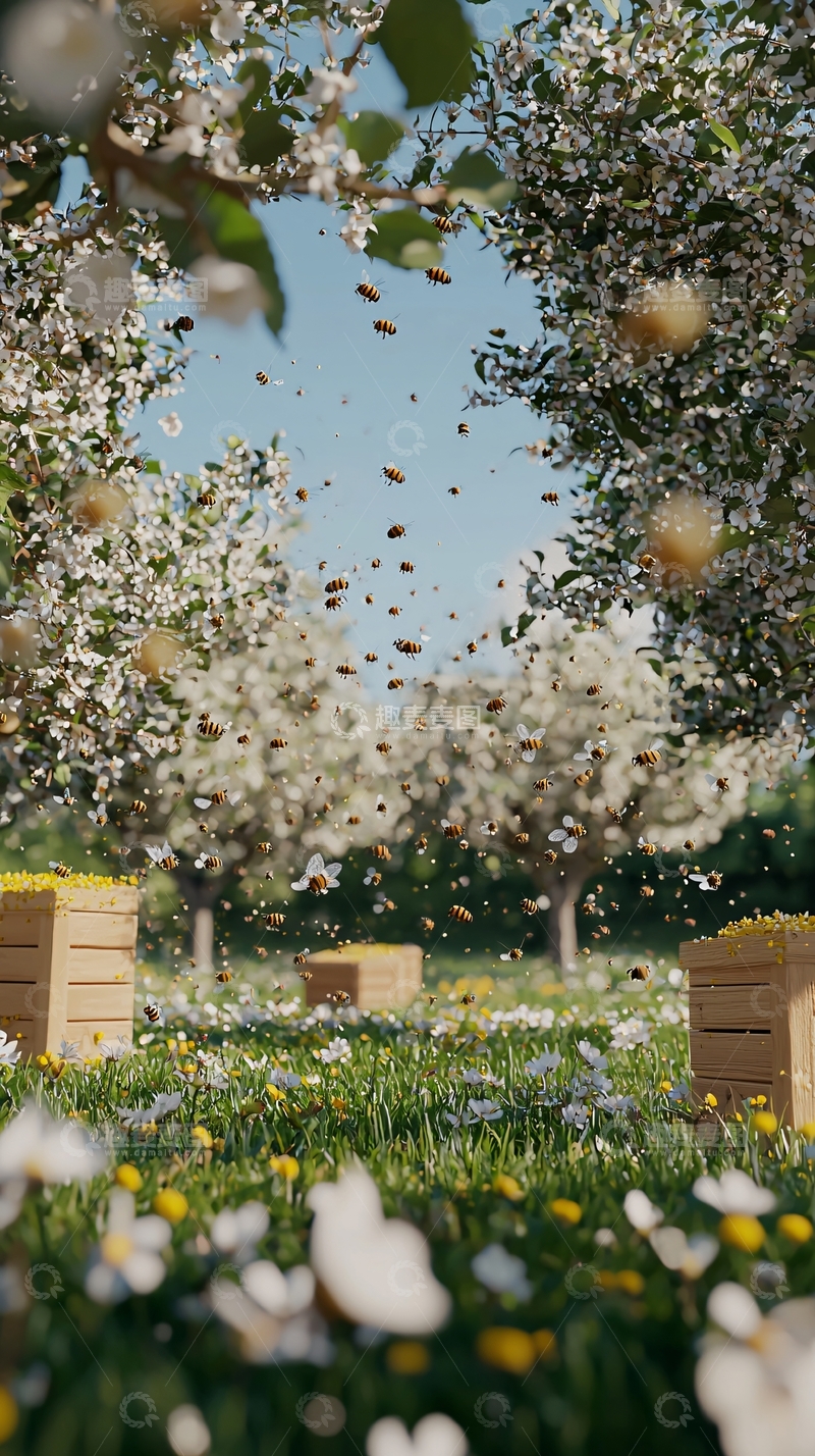 高清大图下载【趣麦麦图】蜜蜂采蜜的春天田园