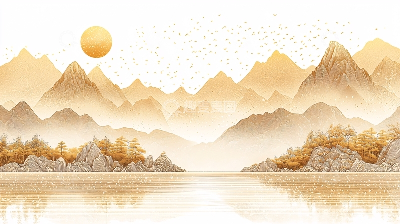 高清大图下载【趣麦麦图】金色山脉湖泊日出