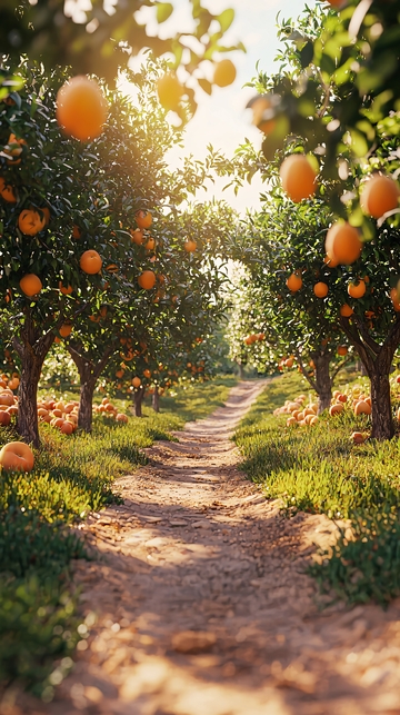 阳光下的橘子树林小路