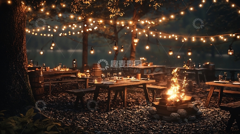 高清大图下载【趣麦麦图】夜晚森林篝火晚宴