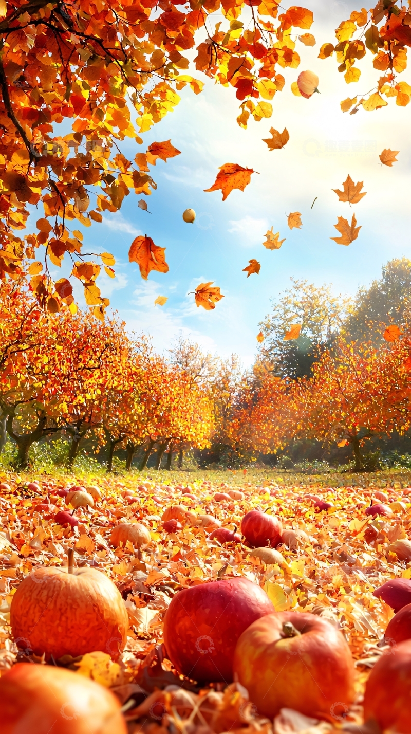 高清大图下载【趣麦麦图】秋日苹果树下落叶纷飞