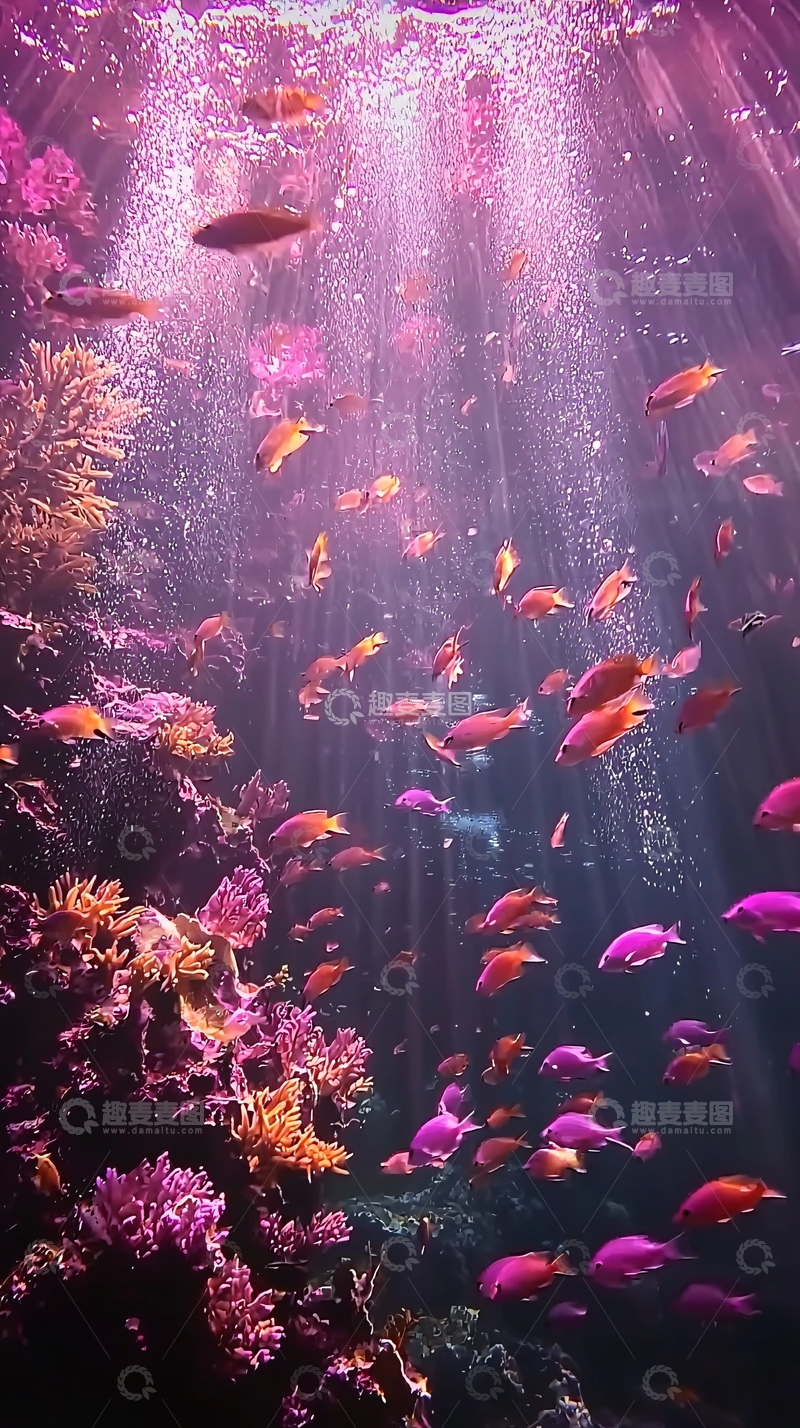 高清大图下载【趣麦麦图】梦幻紫色珊瑚礁鱼群