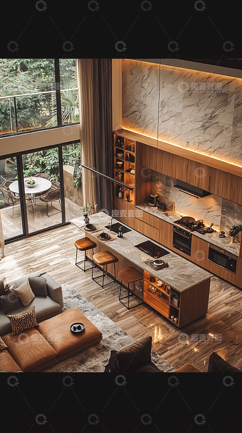 高清大图下载【趣麦麦图】现代简约开放式厨房客厅一体化
