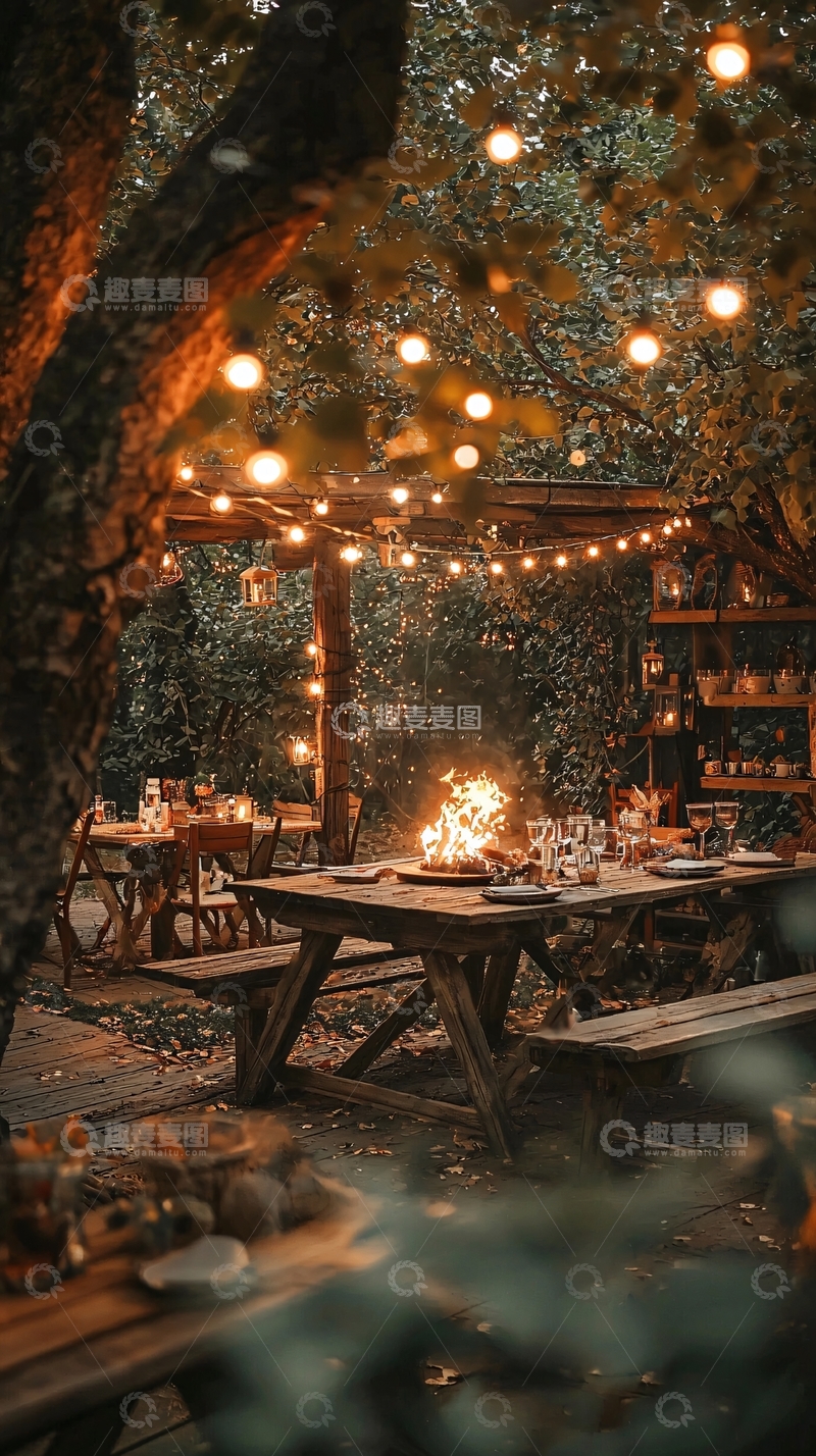 高清大图下载【趣麦麦图】户外树林晚宴灯光