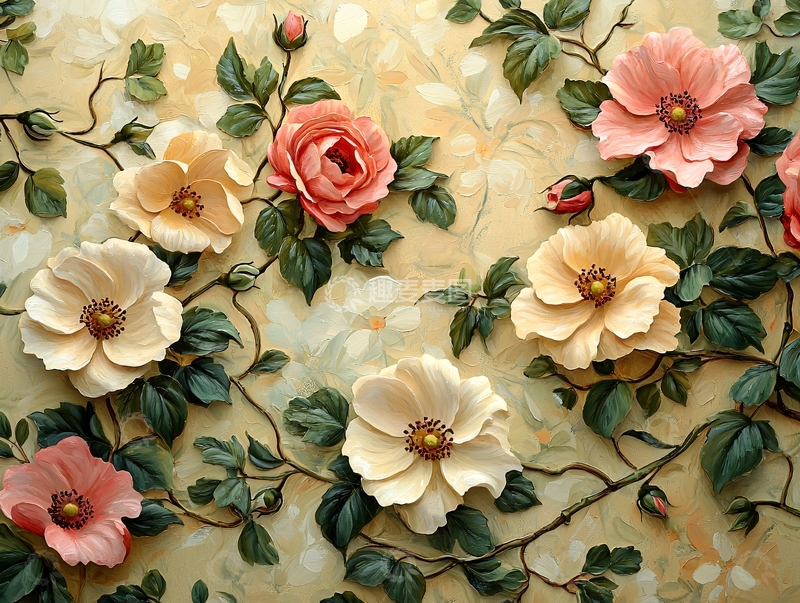 高清大图下载【趣麦麦图】立体花卉壁画图案