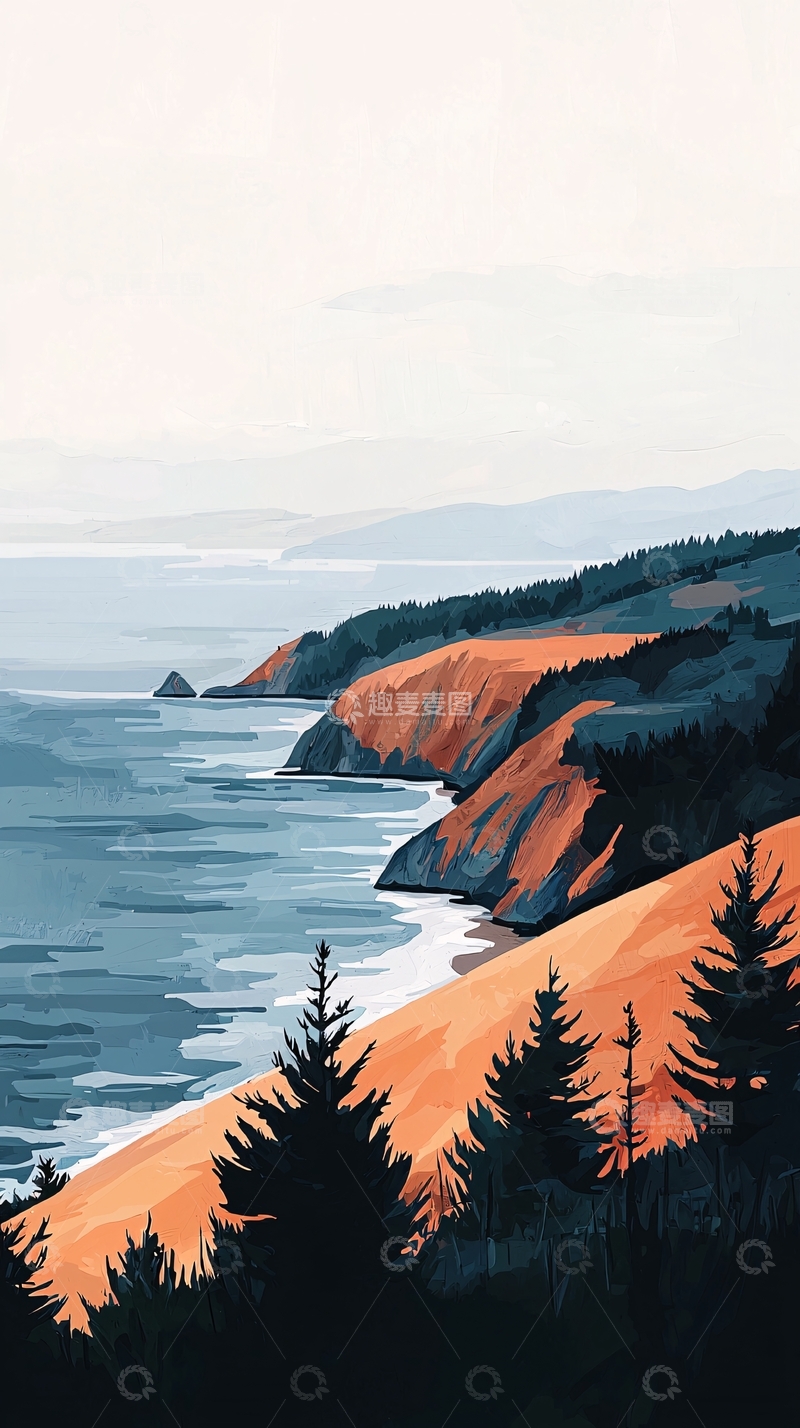 高清大图下载【趣麦麦图】海岸线森林山脉风景画