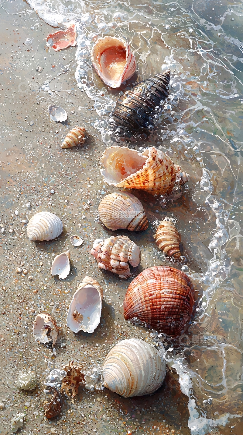 高清大图下载【趣麦麦图】海滩上的贝壳与浪花