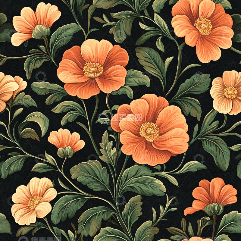 高清大图下载【趣麦麦图】橙色花朵的深色植物花纹