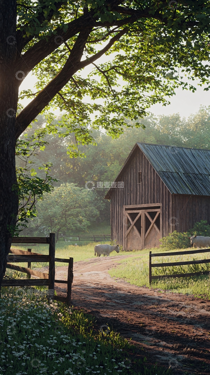高清大图下载【趣麦麦图】树荫下宁静的乡村木屋