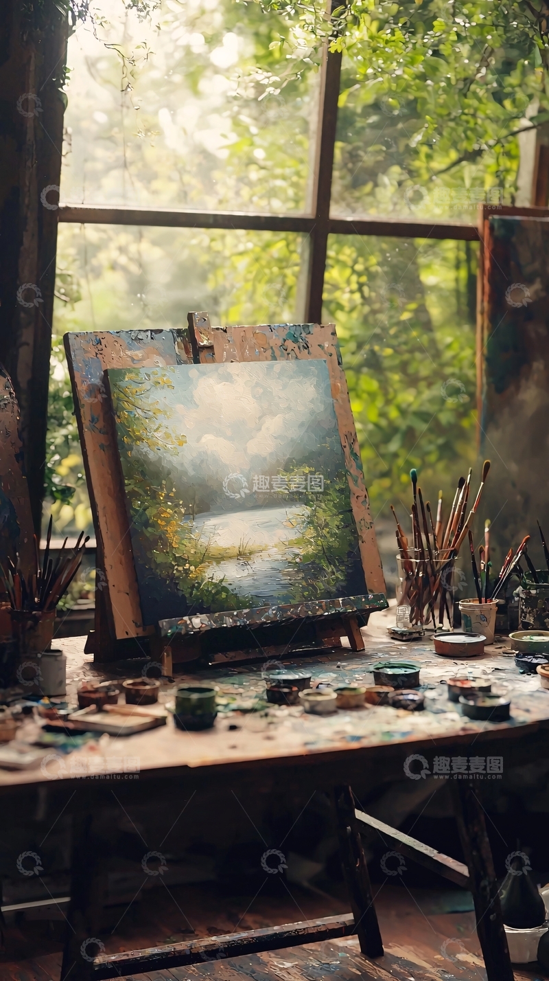 高清大图下载【趣麦麦图】画架上的风景油画