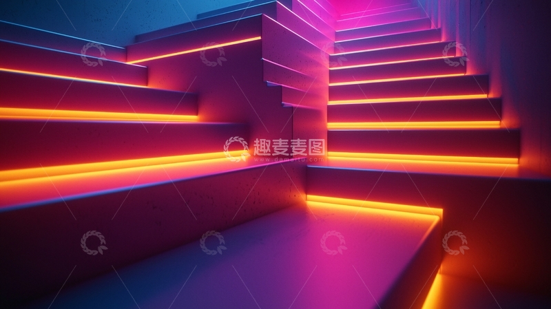 高清大图下载【趣麦麦图】霓虹灯光照亮的楼梯