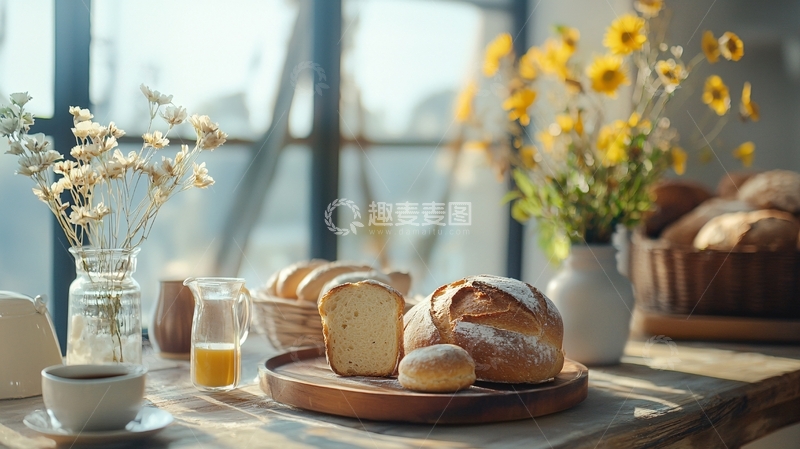 高清大图下载【趣麦麦图】阳光洒在餐桌上的面包和鲜花