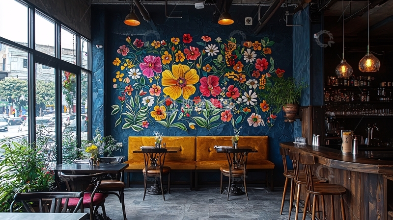 高清大图下载【趣麦麦图】咖啡馆花卉壁画