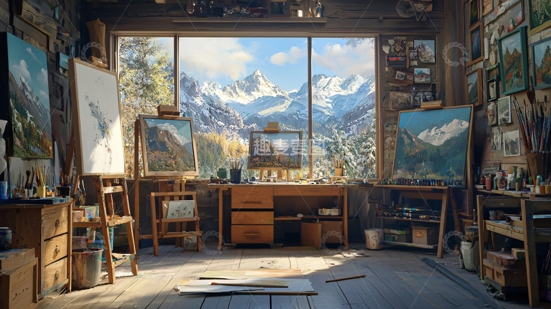 高清大图下载【趣麦麦图】木屋工作室雪山风景