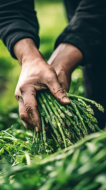 双手采摘新鲜芦笋