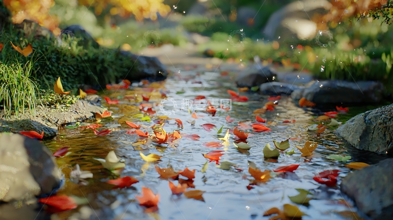 高清大图下载【趣麦麦图】秋日溪流落叶