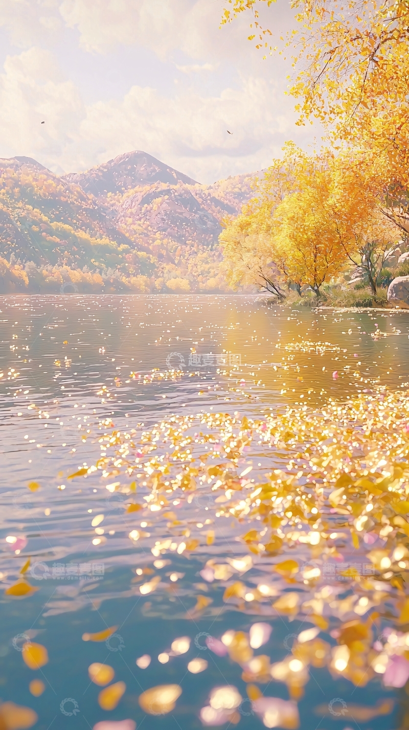 高清大图下载【趣麦麦图】秋日湖边金黄落叶