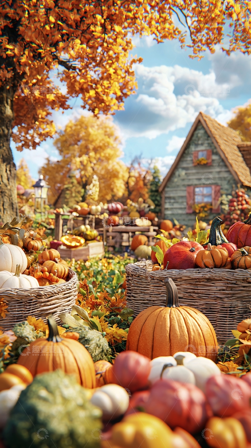 高清大图下载【趣麦麦图】秋日南瓜丰收乡村小屋