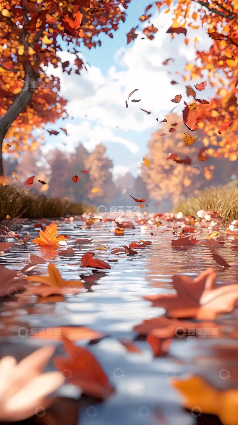 高清大图下载【趣麦麦图】秋日小溪落叶飘零