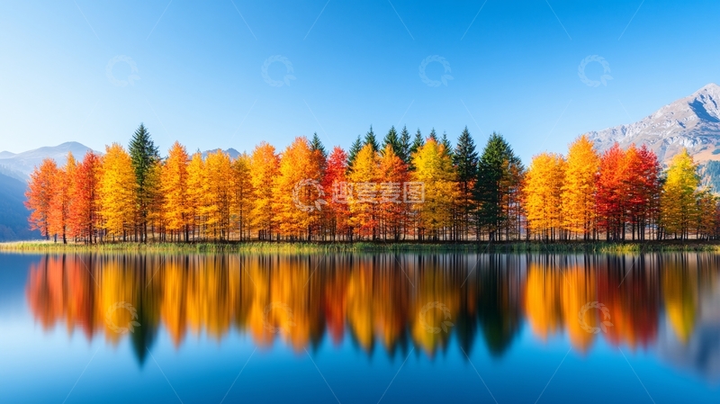 高清大图下载【趣麦麦图】秋色湖边树木倒影