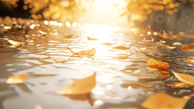高清大图下载【趣麦麦图】秋日落叶水面光影