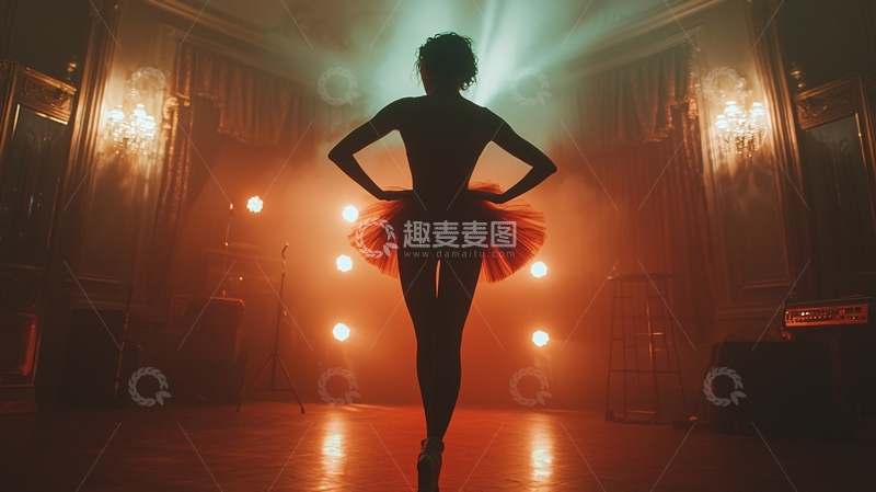 高清大图下载【趣麦麦图】舞台灯光下的芭蕾舞者剪影