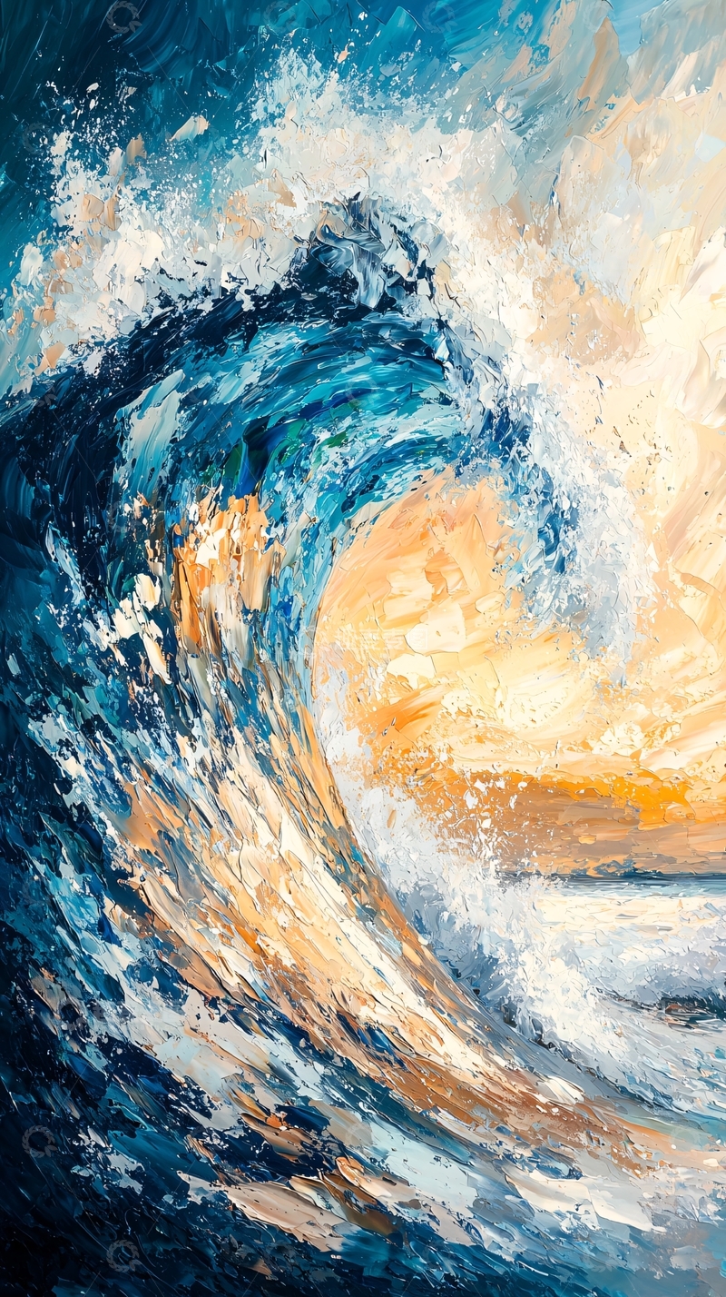 高清大图下载【趣麦麦图】油画风格的蓝色海浪