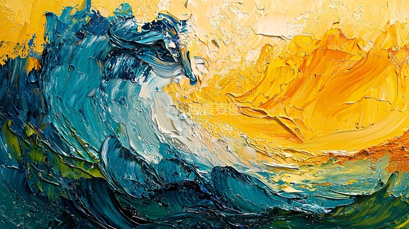 高清大图下载【趣麦麦图】海浪与金色山丘的油画