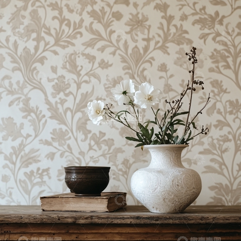 高清大图下载【趣麦麦图】米色花纹墙纸前的静物