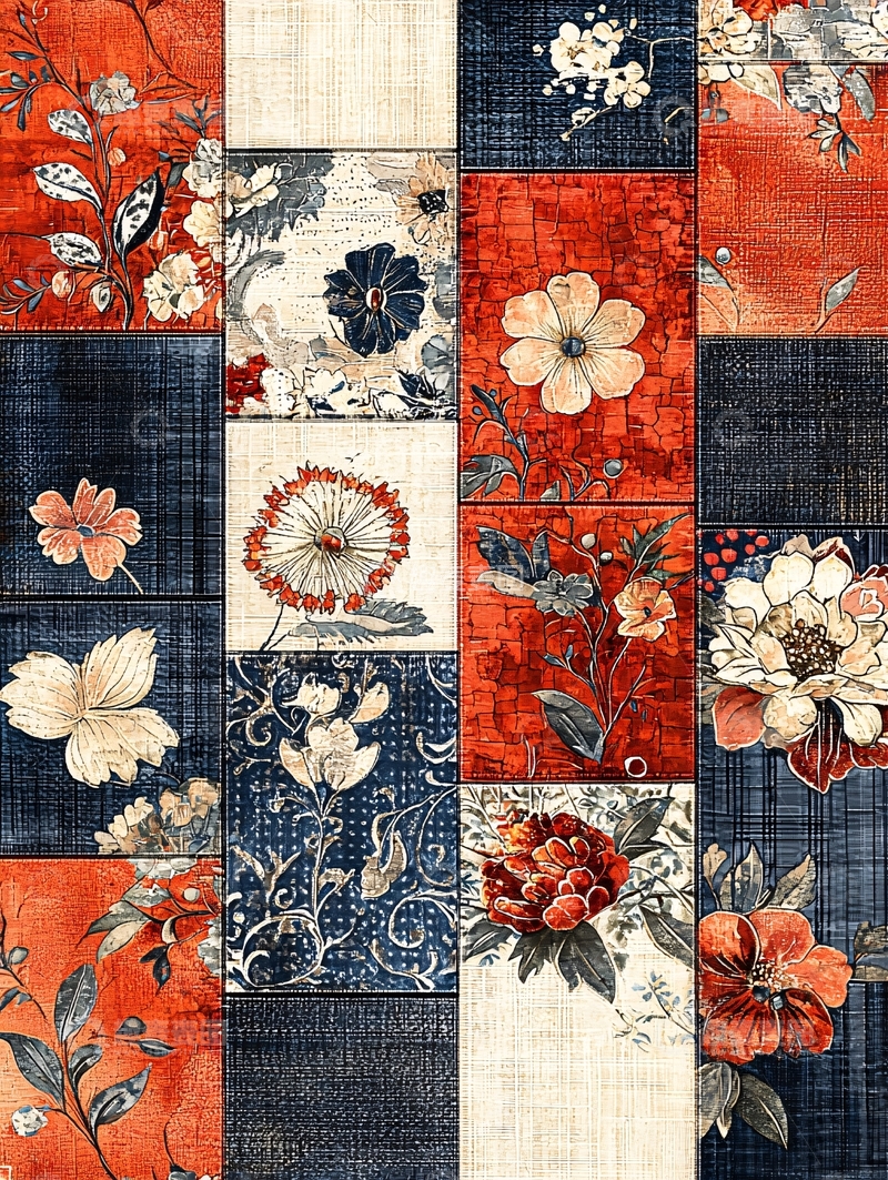 高清大图下载【趣麦麦图】拼布风格的复古花卉图案