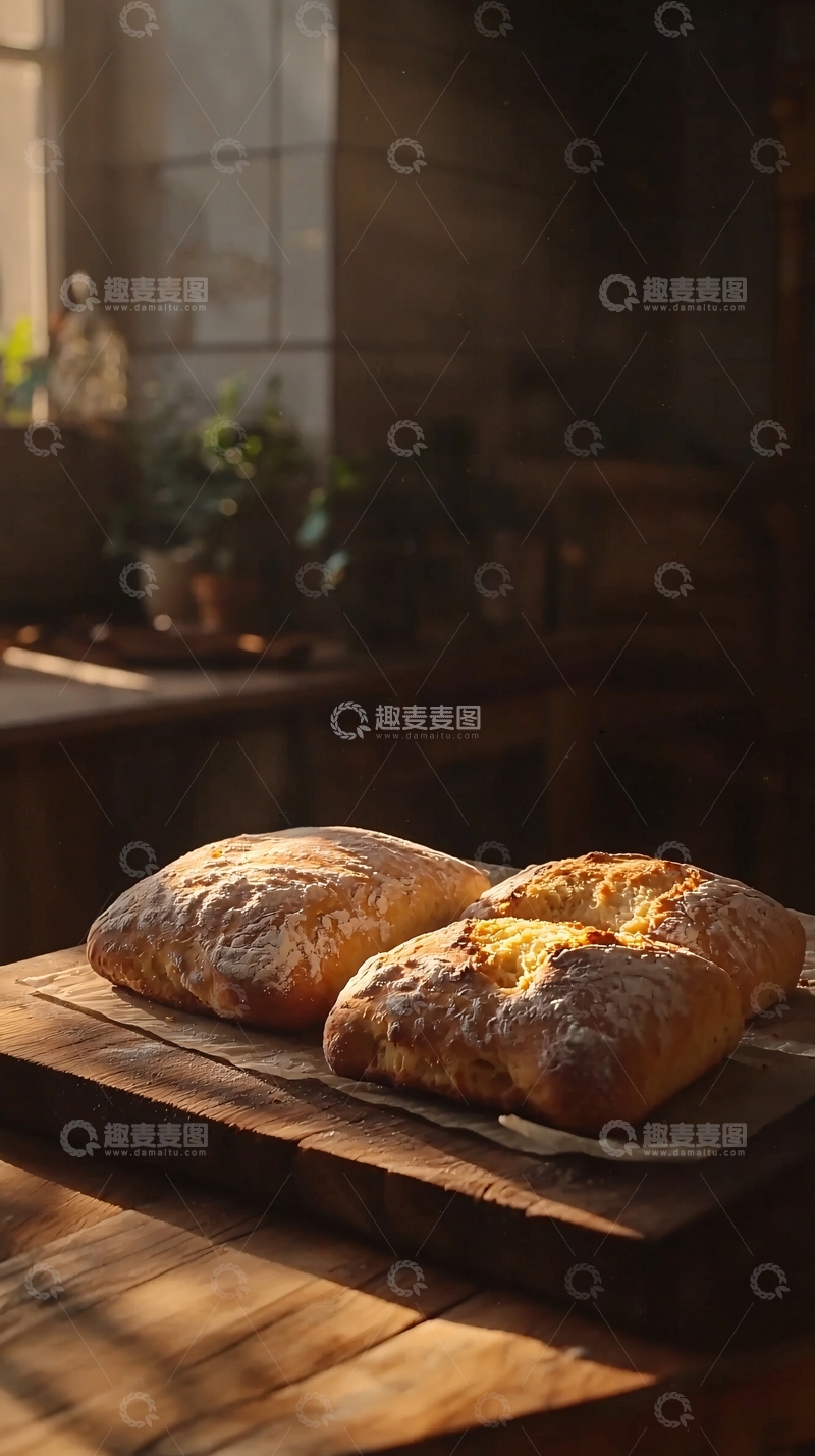 高清大图下载【趣麦麦图】阳光洒在木板上两块面包