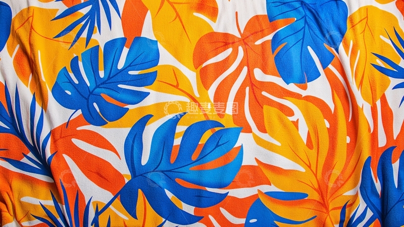 高清大图下载【趣麦麦图】蓝色橙色热带植物印花布料