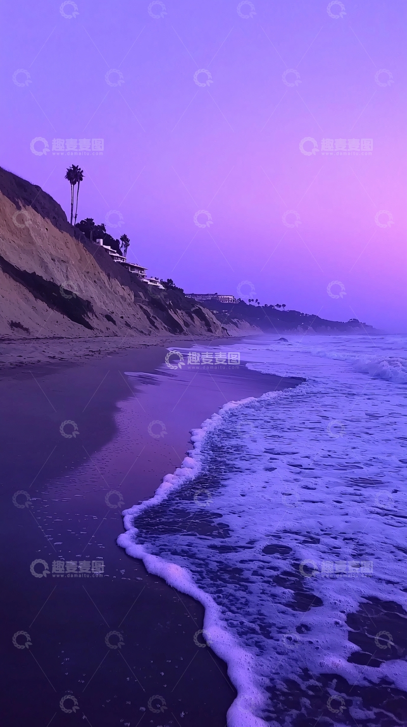 高清大图下载【趣麦麦图】紫色海滩落日