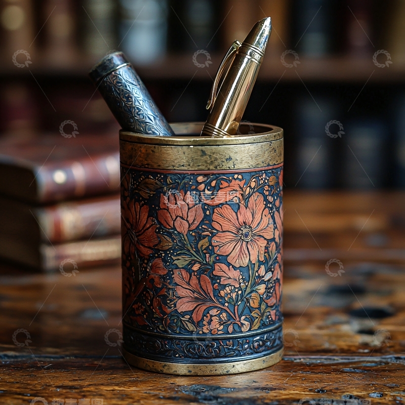 高清大图下载【趣麦麦图】复古花纹笔筒里的钢笔