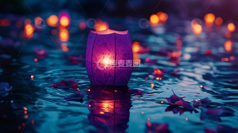 高清大图下载【趣麦麦图】紫色莲花灯水面漂浮