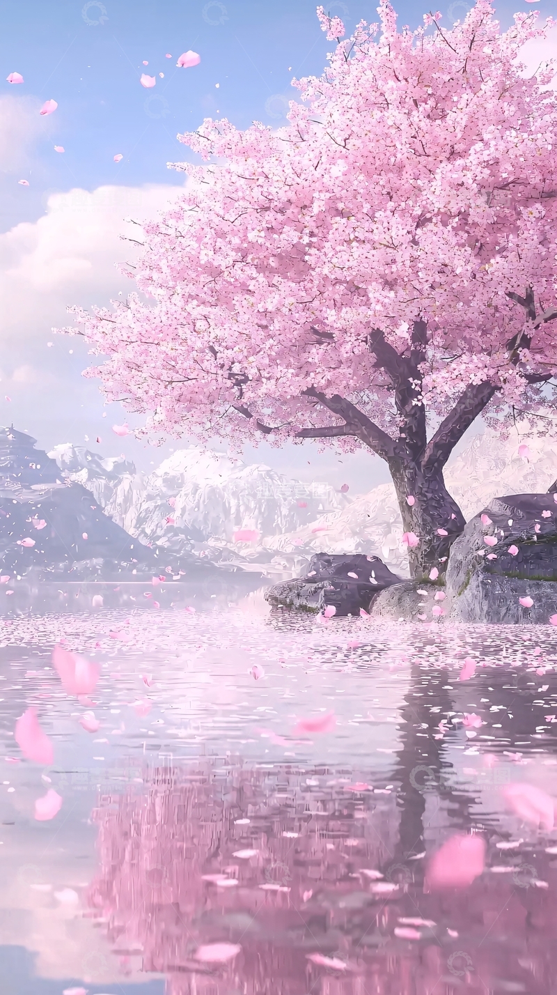 高清大图下载【趣麦麦图】粉红樱花树湖边风景