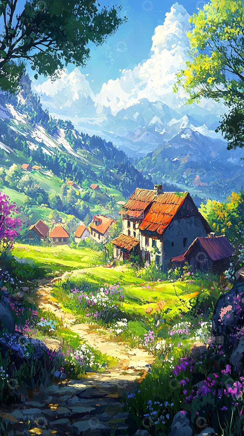 高清大图下载【趣麦麦图】山间村庄田园风光