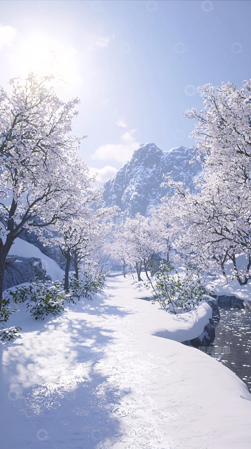 高清大图下载【趣麦麦图】阳光下的雪景山谷小路
