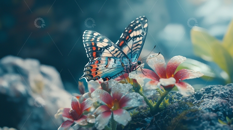 高清大图下载【趣麦麦图】蓝色蝴蝶停在花朵上